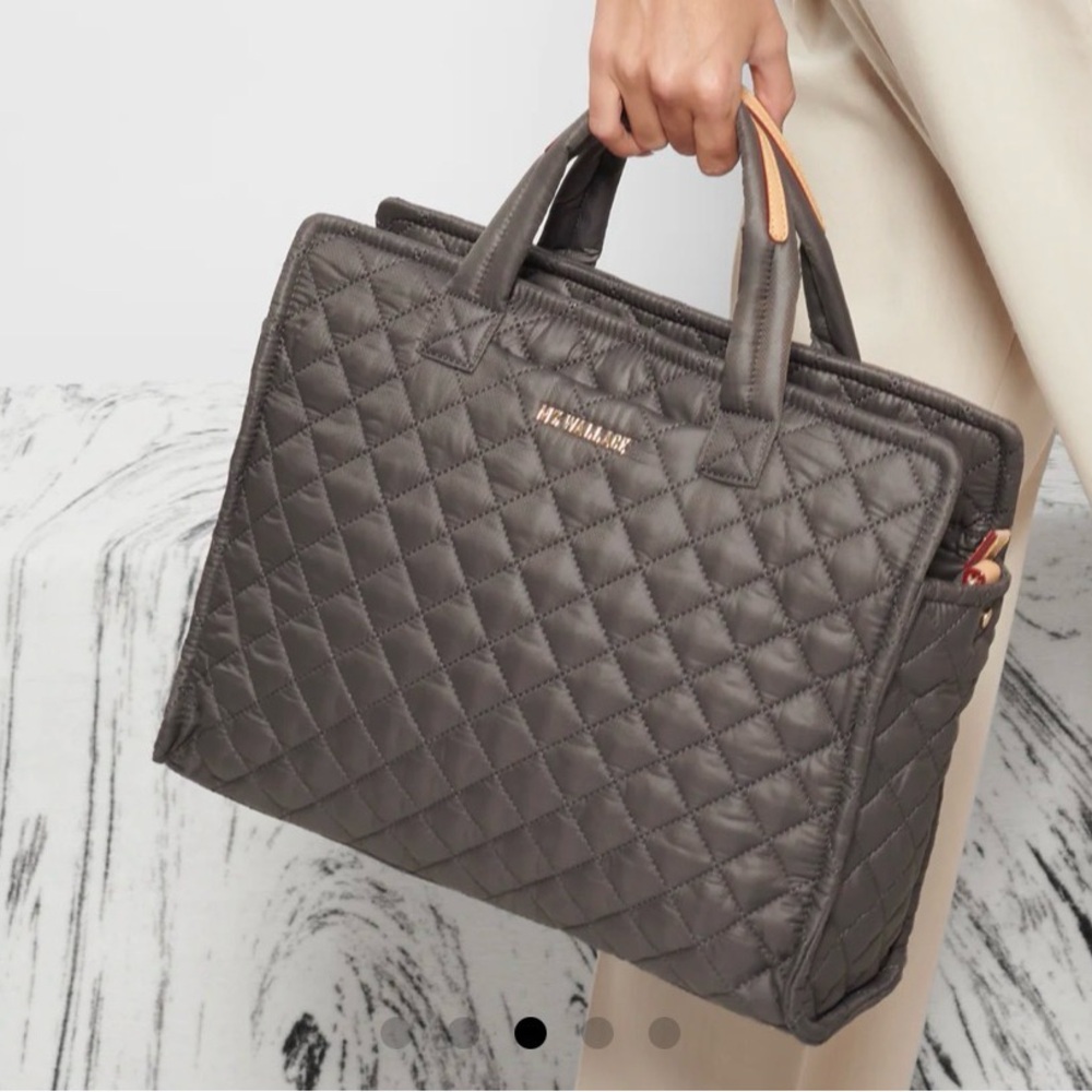 MZ Wallace Quilted Gray Tote with Tan Accent